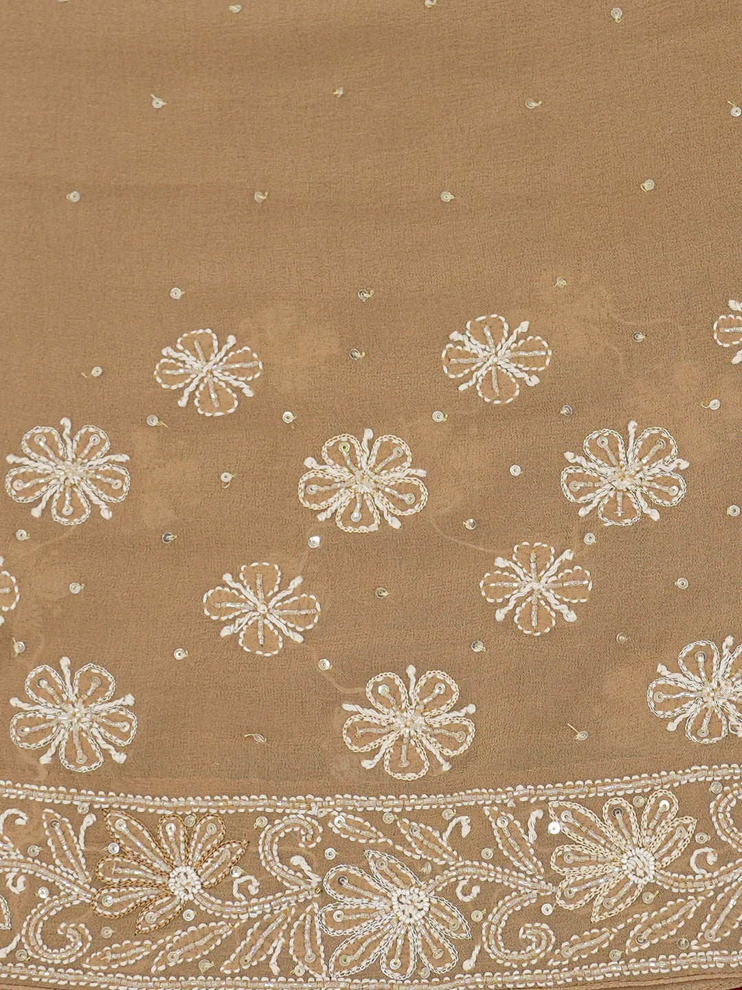 Ada Hand Embroidered Fallow Brown Pure Georgette Lucknowi Chikankari Saree With Blouse And Sequinned Work 01A542474