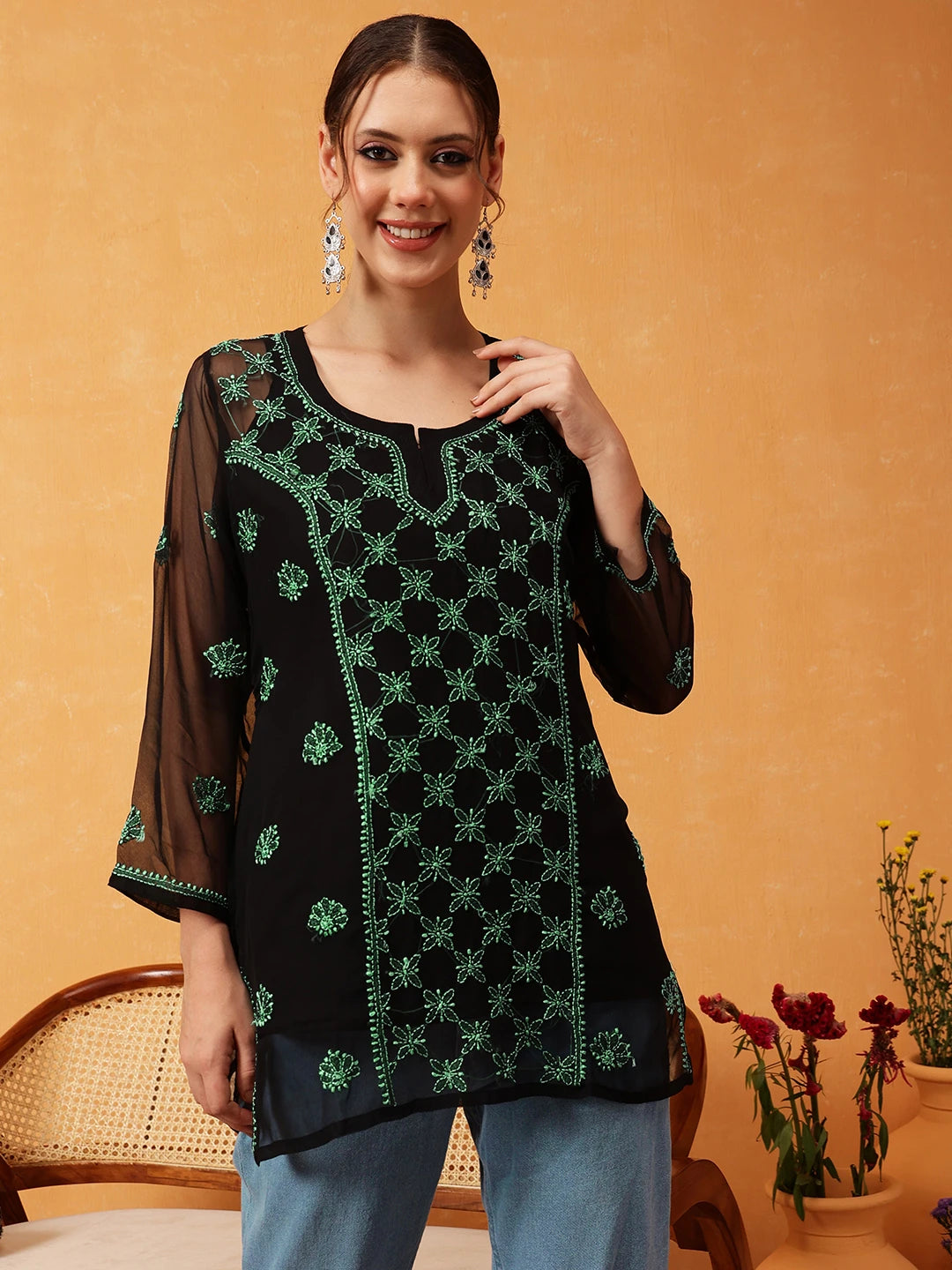Ada Hand Embroidered Black & Green Georgette Lucknowi Chikankari Short Kurti With Slip A911409
