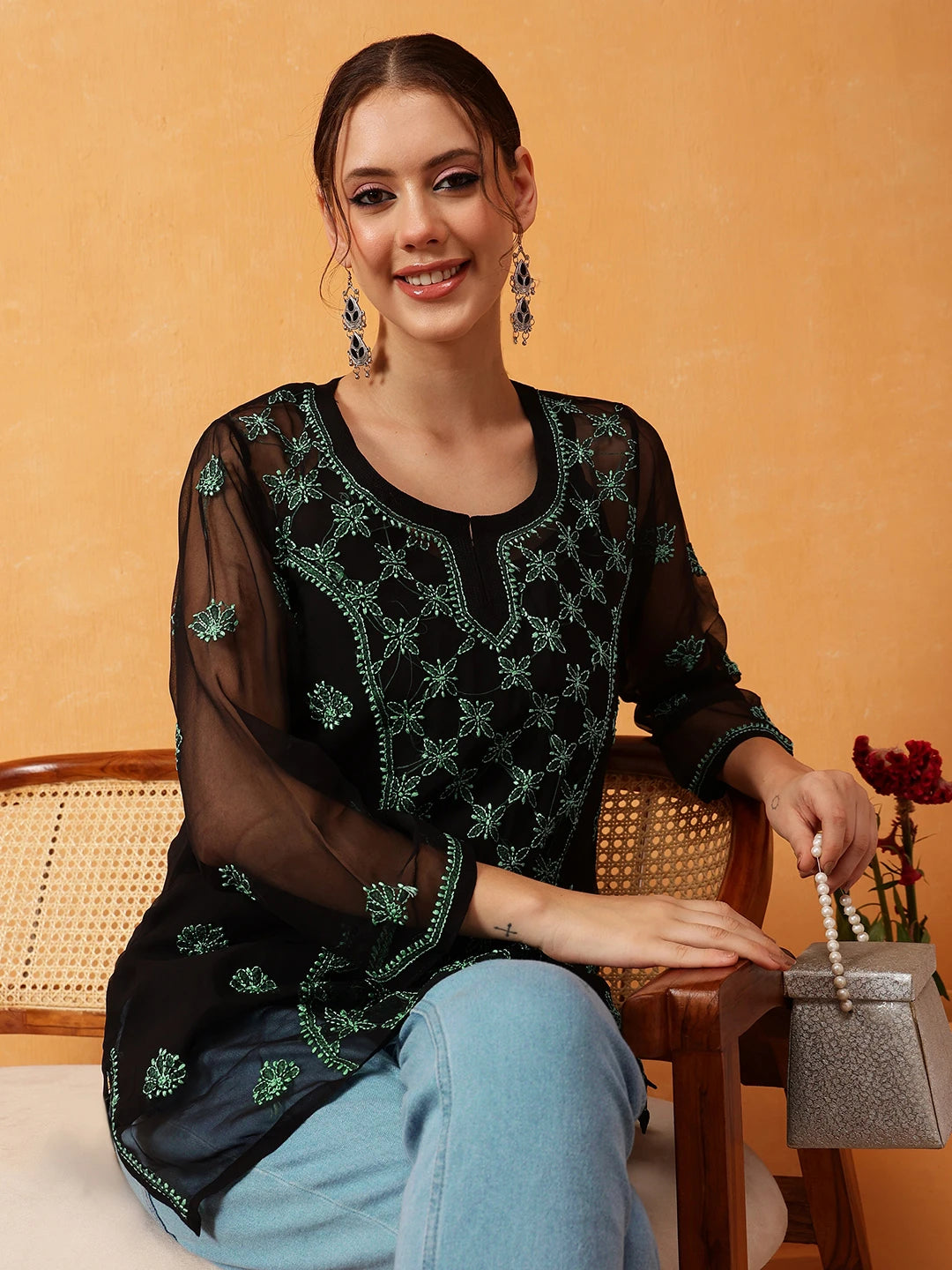 Ada Hand Embroidered Black & Green Georgette Lucknowi Chikankari Short Kurti With Slip A911409