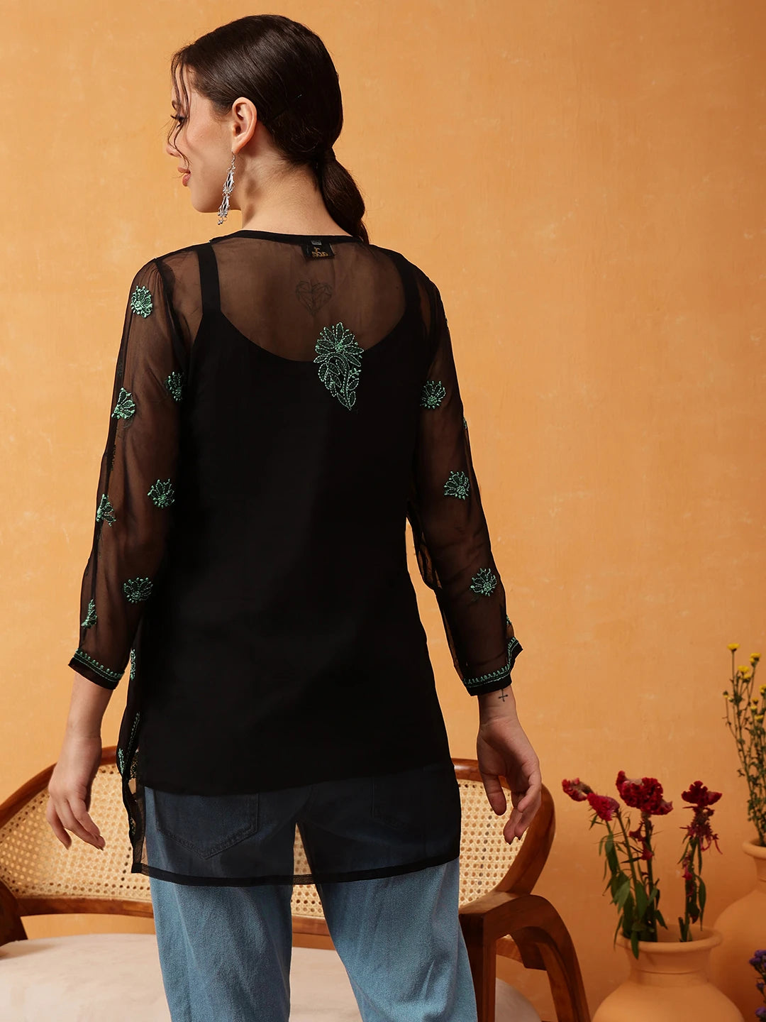 Ada Hand Embroidered Black & Green Georgette Lucknowi Chikankari Short Kurti With Slip A911409