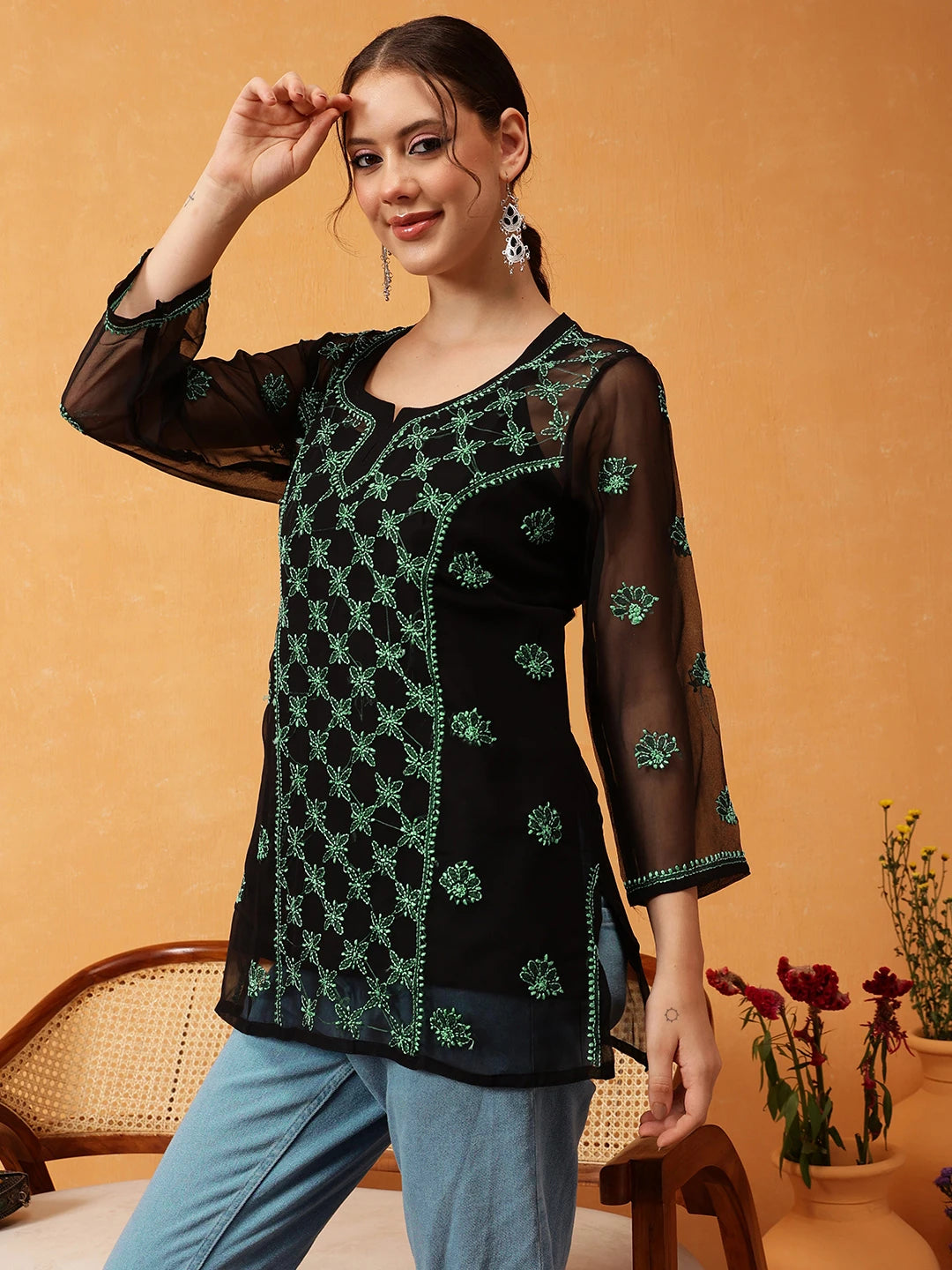 Ada Hand Embroidered Black & Green Georgette Lucknowi Chikankari Short Kurti With Slip A911409