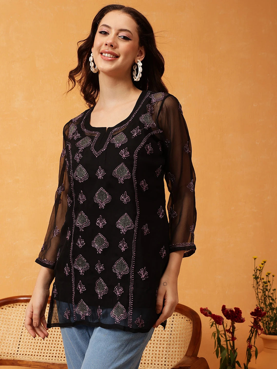 Ada Hand Embroidered Black & Mauve Georgette Lucknowi Chikankari Short Kurti With Slip A911415