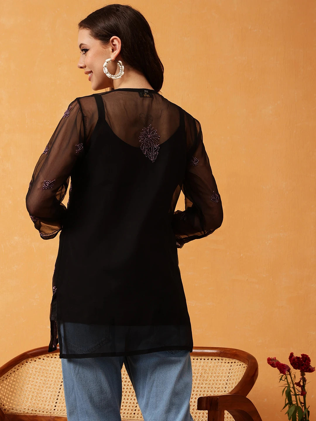 Ada Hand Embroidered Black & Mauve Georgette Lucknowi Chikankari Short Kurti With Slip A911415