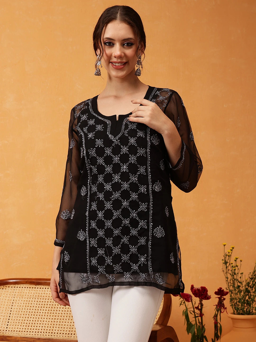 Ada Hand Embroidered Black & Grey Georgette Lucknowi Chikankari Short Kurti With Slip A911407
