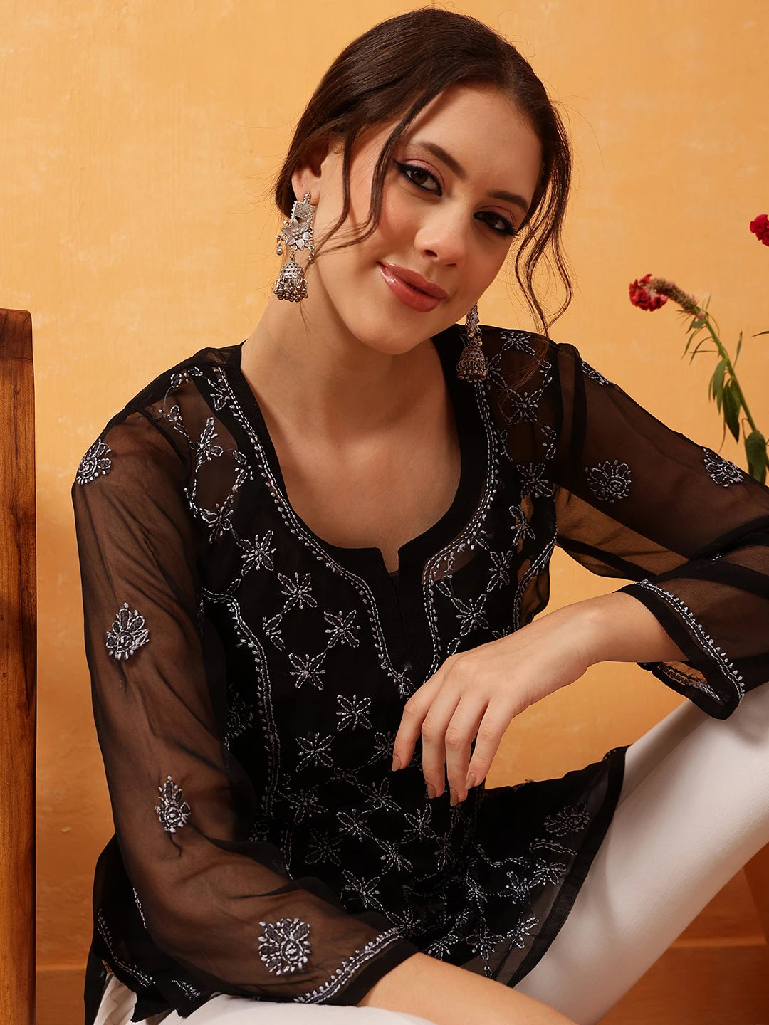 Ada Hand Embroidered Black & Grey Georgette Lucknowi Chikankari Short Kurti With Slip A911407