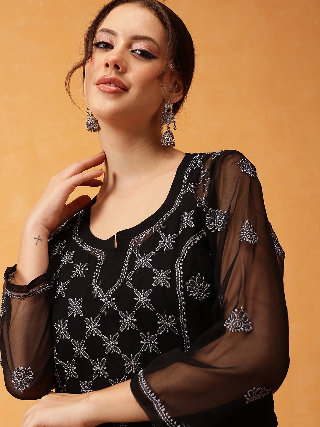 Ada Hand Embroidered Black & Grey Georgette Lucknowi Chikankari Short Kurti With Slip A911407