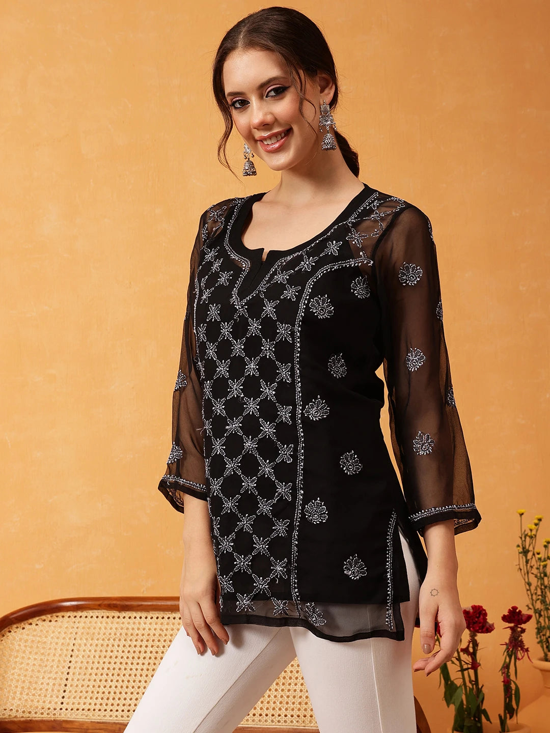 Ada Hand Embroidered Black & Grey Georgette Lucknowi Chikankari Short Kurti With Slip A911407