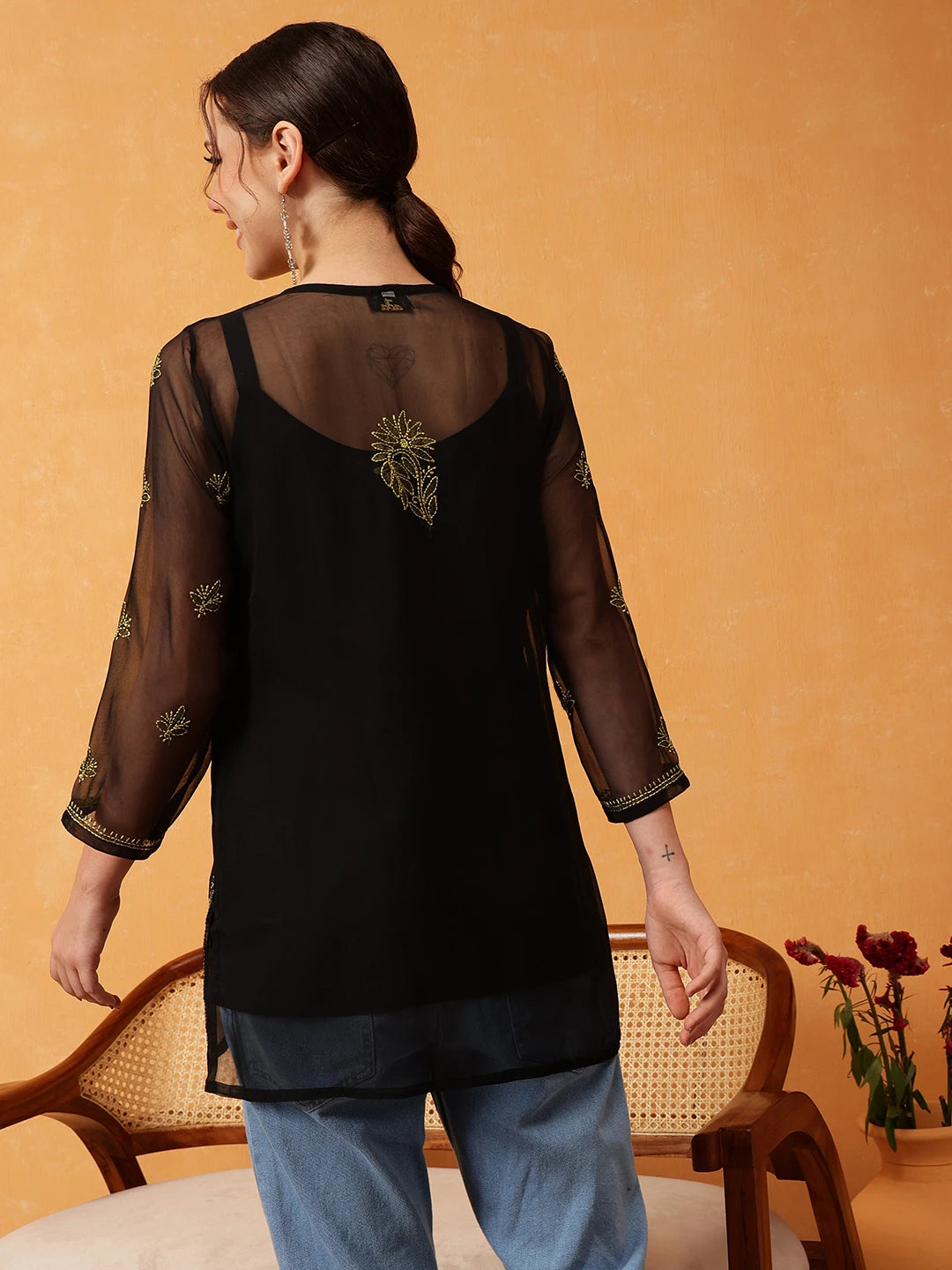 Ada Hand Embroidered Black & Lime Green Georgette Lucknowi Chikankari Short Kurti With Slip A911417