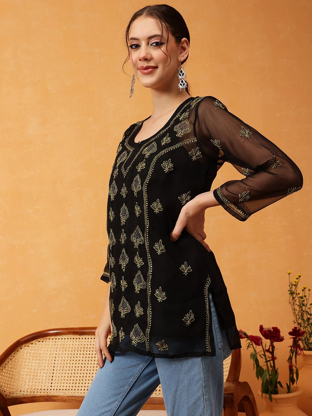Ada Hand Embroidered Black & Lime Green Georgette Lucknowi Chikankari Short Kurti With Slip A911417