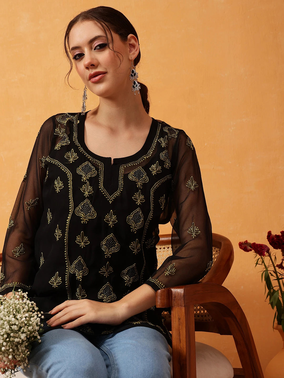 Ada Hand Embroidered Black & Lime Green Georgette Lucknowi Chikankari Short Kurti With Slip A911417