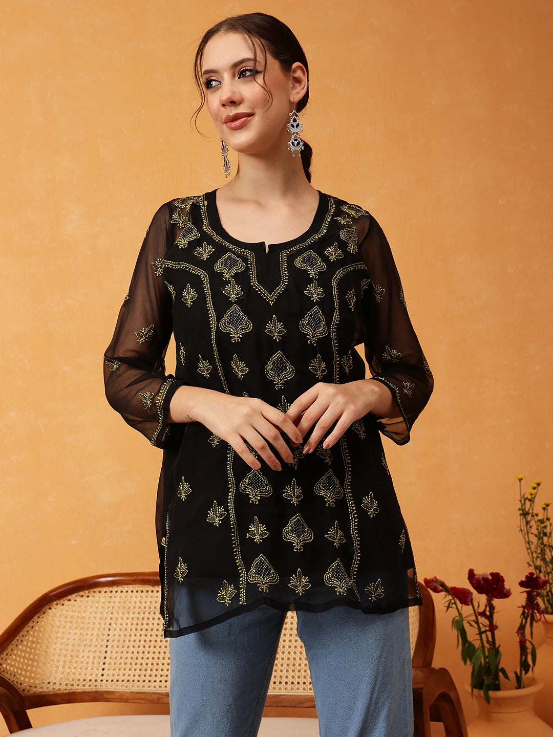 Ada Hand Embroidered Black & Lime Green Georgette Lucknowi Chikankari Short Kurti With Slip A911417