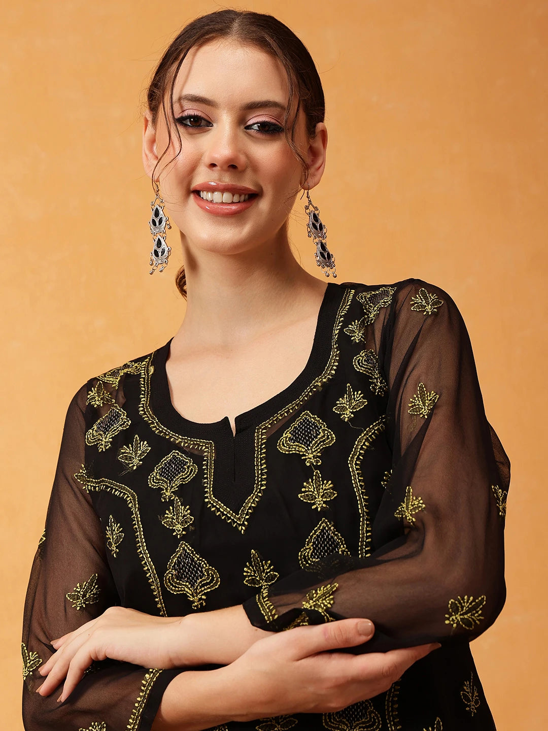Ada Hand Embroidered Black & Lime Green Georgette Lucknowi Chikankari Short Kurti With Slip A911417