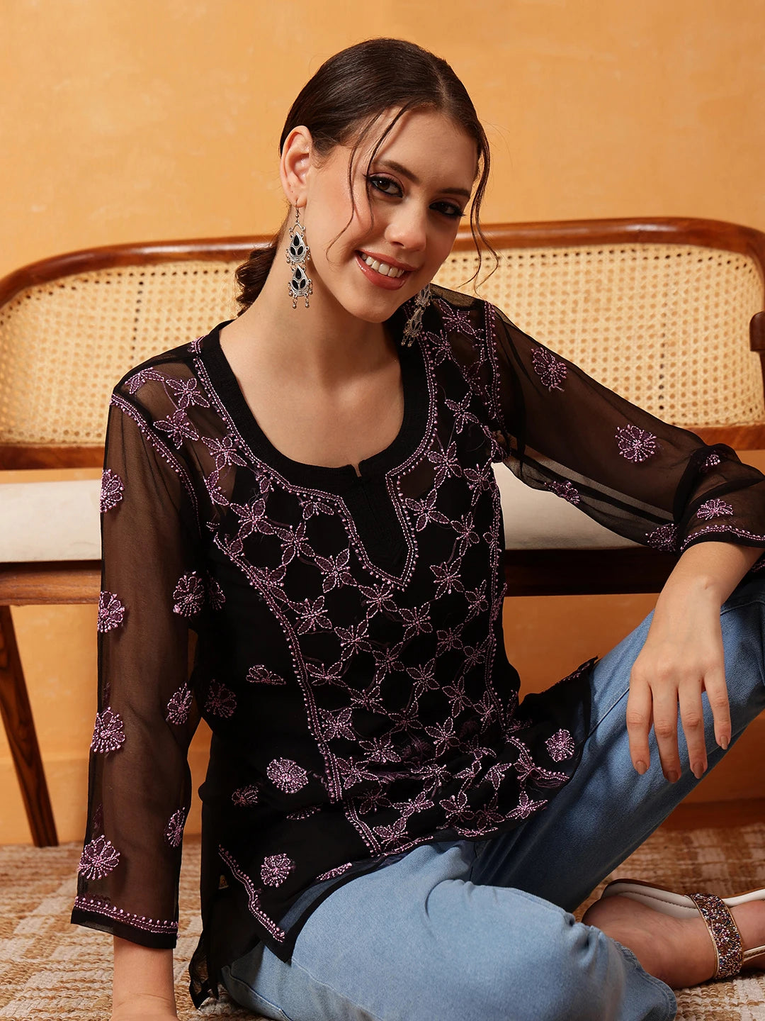 Ada Hand Embroidered Black & Pink Georgette Lucknowi Chikankari Short Kurti With Slip A911408