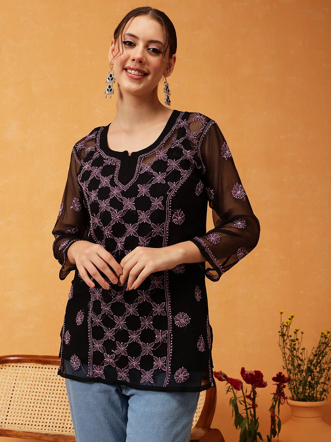 Ada Hand Embroidered Black & Pink Georgette Lucknowi Chikankari Short Kurti With Slip A911408