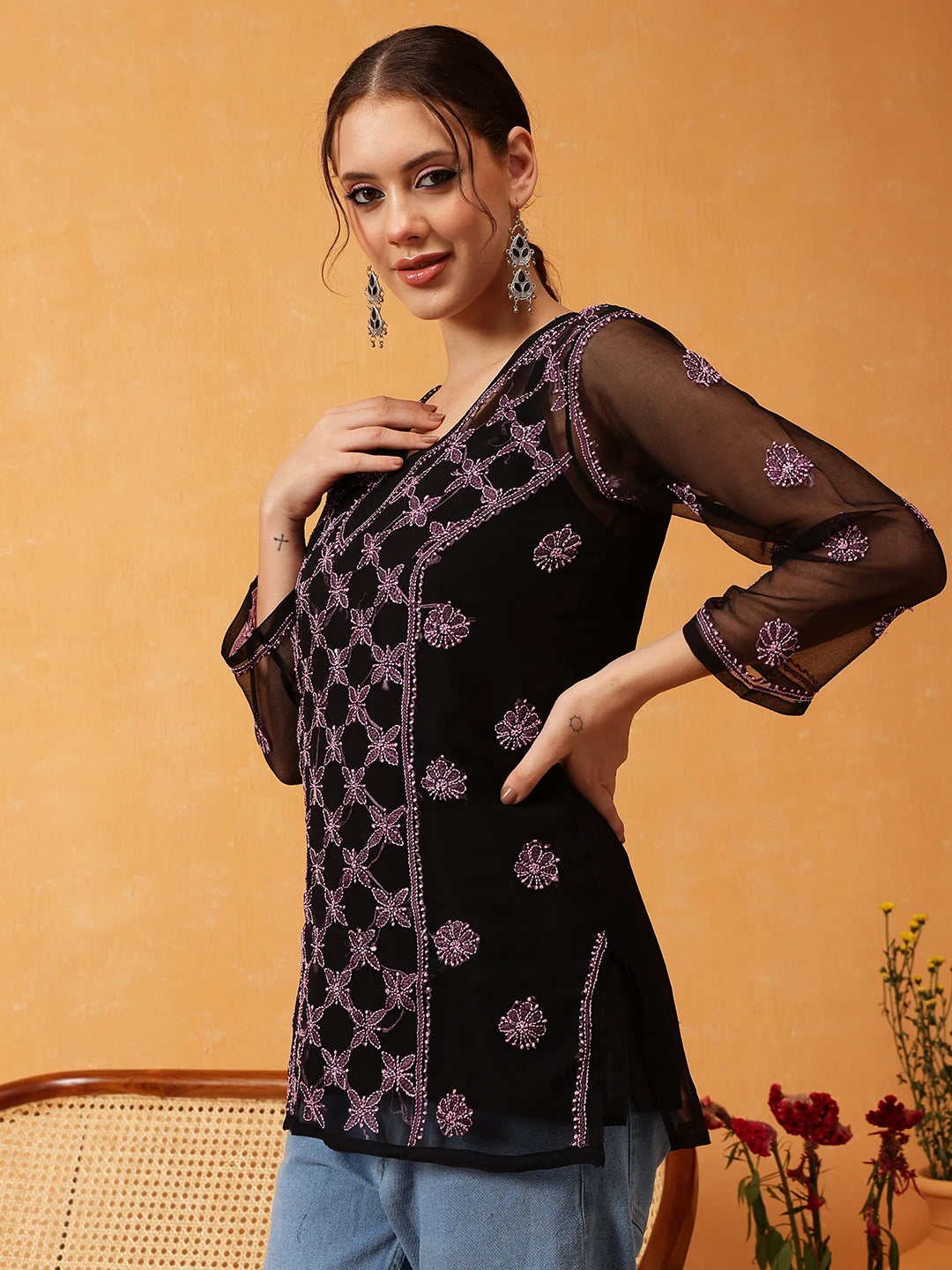 Ada Hand Embroidered Black & Pink Georgette Lucknowi Chikankari Short Kurti With Slip A911408