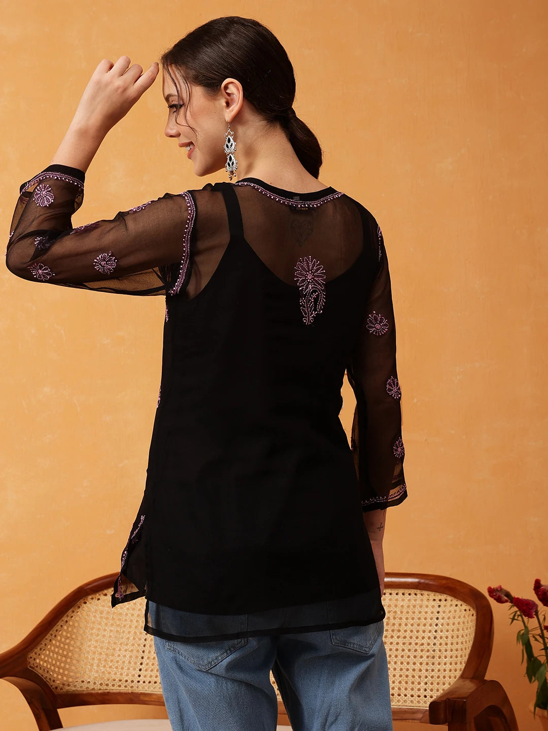 Ada Hand Embroidered Black & Pink Georgette Lucknowi Chikankari Short Kurti With Slip A911408