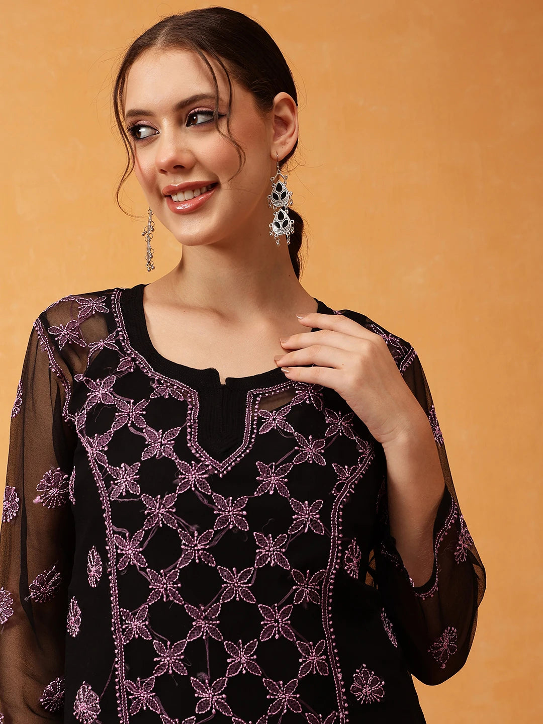 Ada Hand Embroidered Black & Pink Georgette Lucknowi Chikankari Short Kurti With Slip A911408