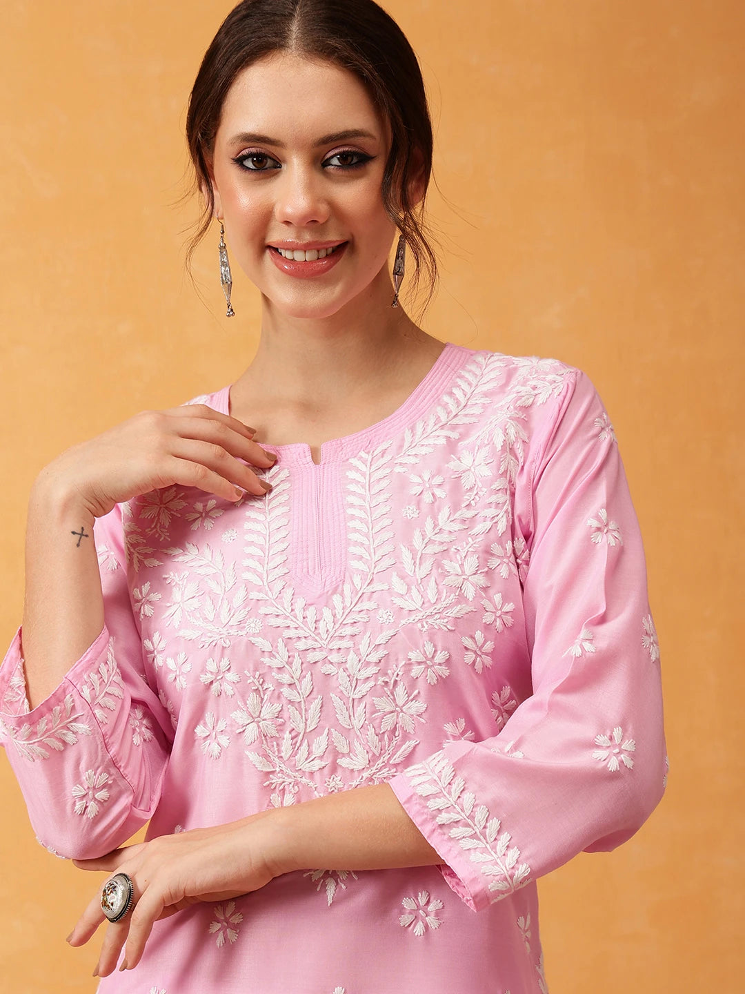 Ada Hand Embroidered Pink Muslin Lucknowi Chikankari Short Kurti A911420