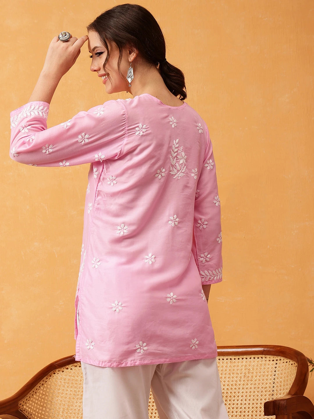 Ada Hand Embroidered Pink Muslin Lucknowi Chikankari Short Kurti A911420