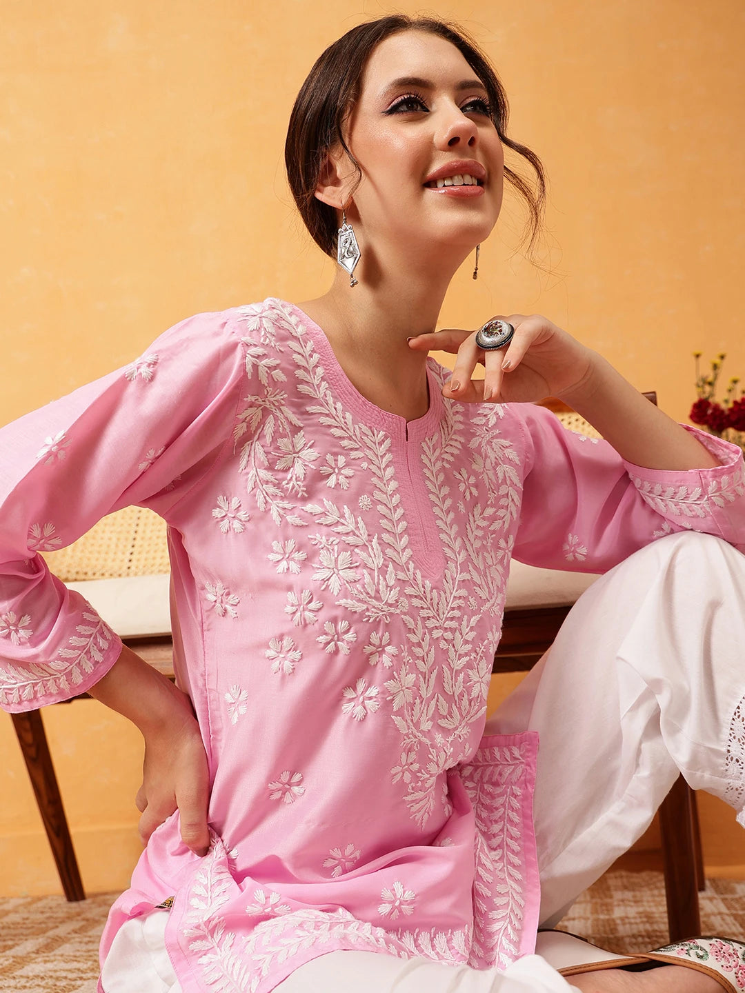 Ada Hand Embroidered Pink Muslin Lucknowi Chikankari Short Kurti A911420
