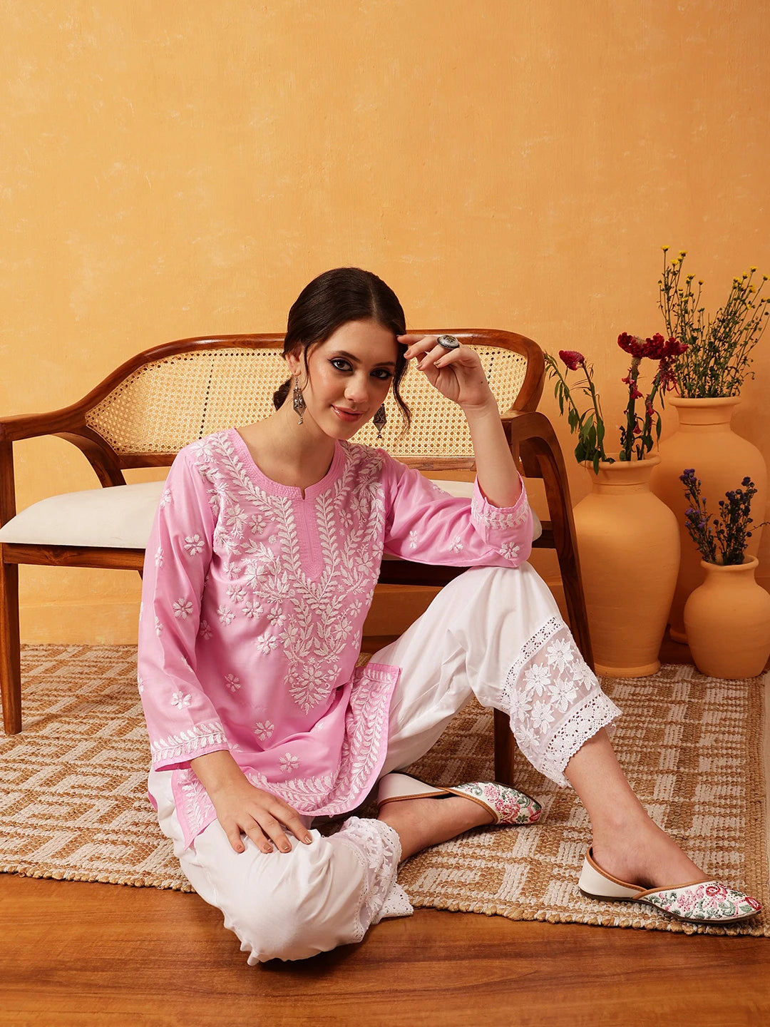 Ada Hand Embroidered Pink Muslin Lucknowi Chikankari Short Kurti A911420