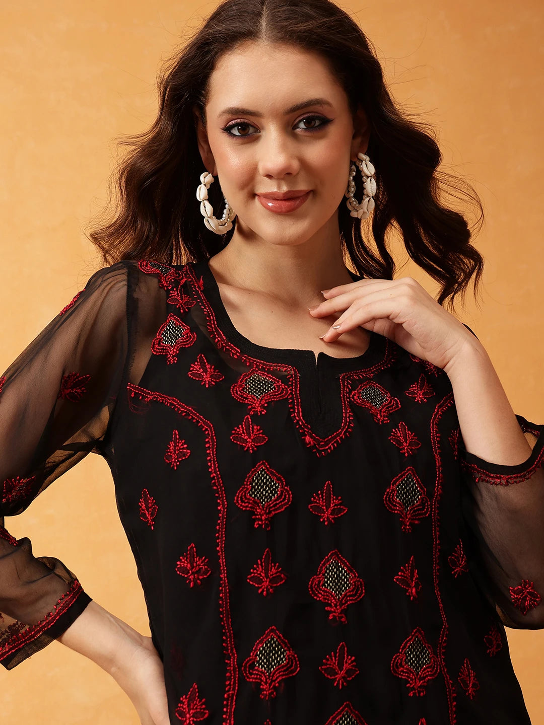 Ada Hand Embroidered Black & Red Georgette Lucknowi Chikankari Short Kurti With Slip A911418