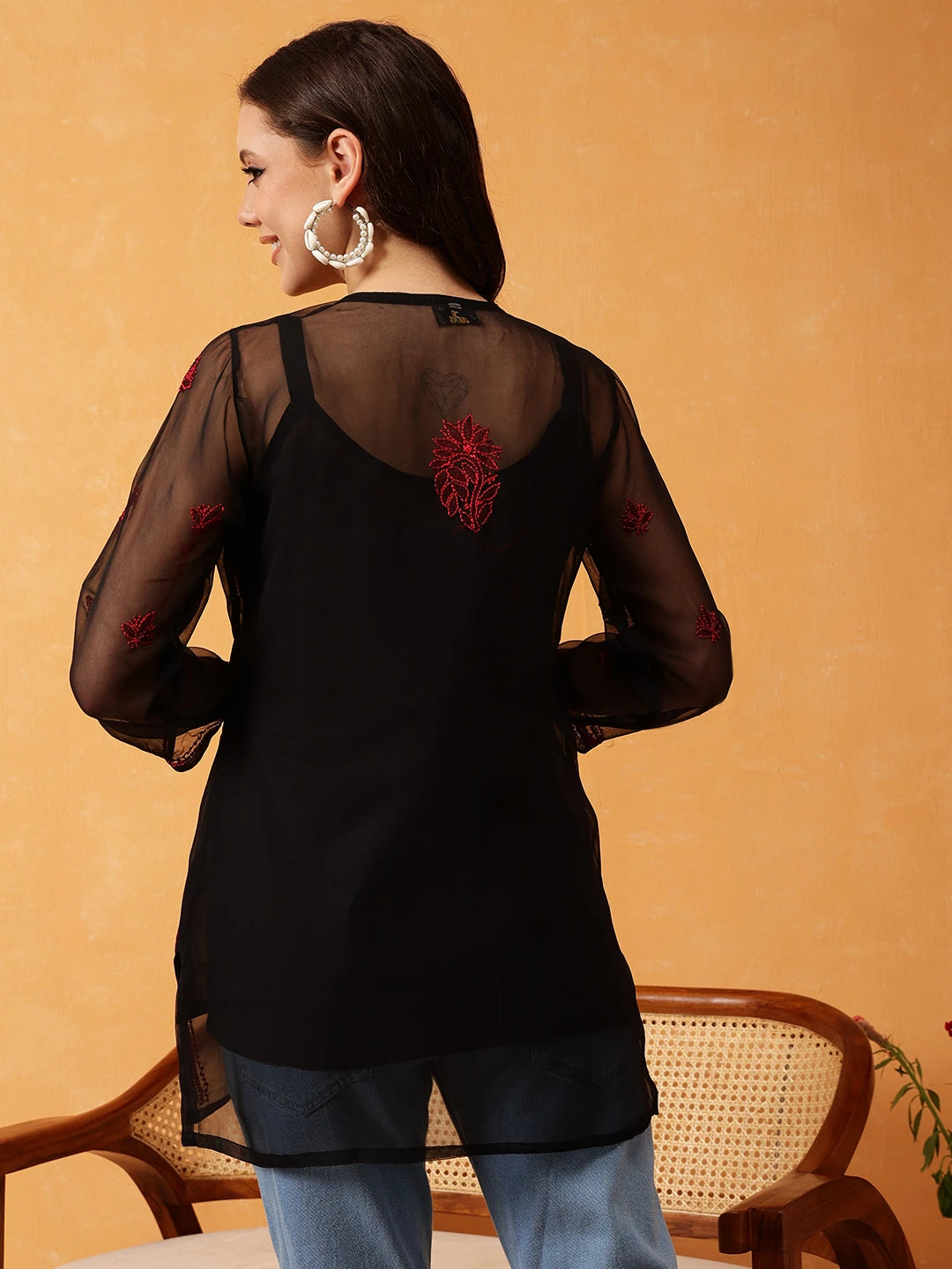 Ada Hand Embroidered Black & Red Georgette Lucknowi Chikankari Short Kurti With Slip A911418