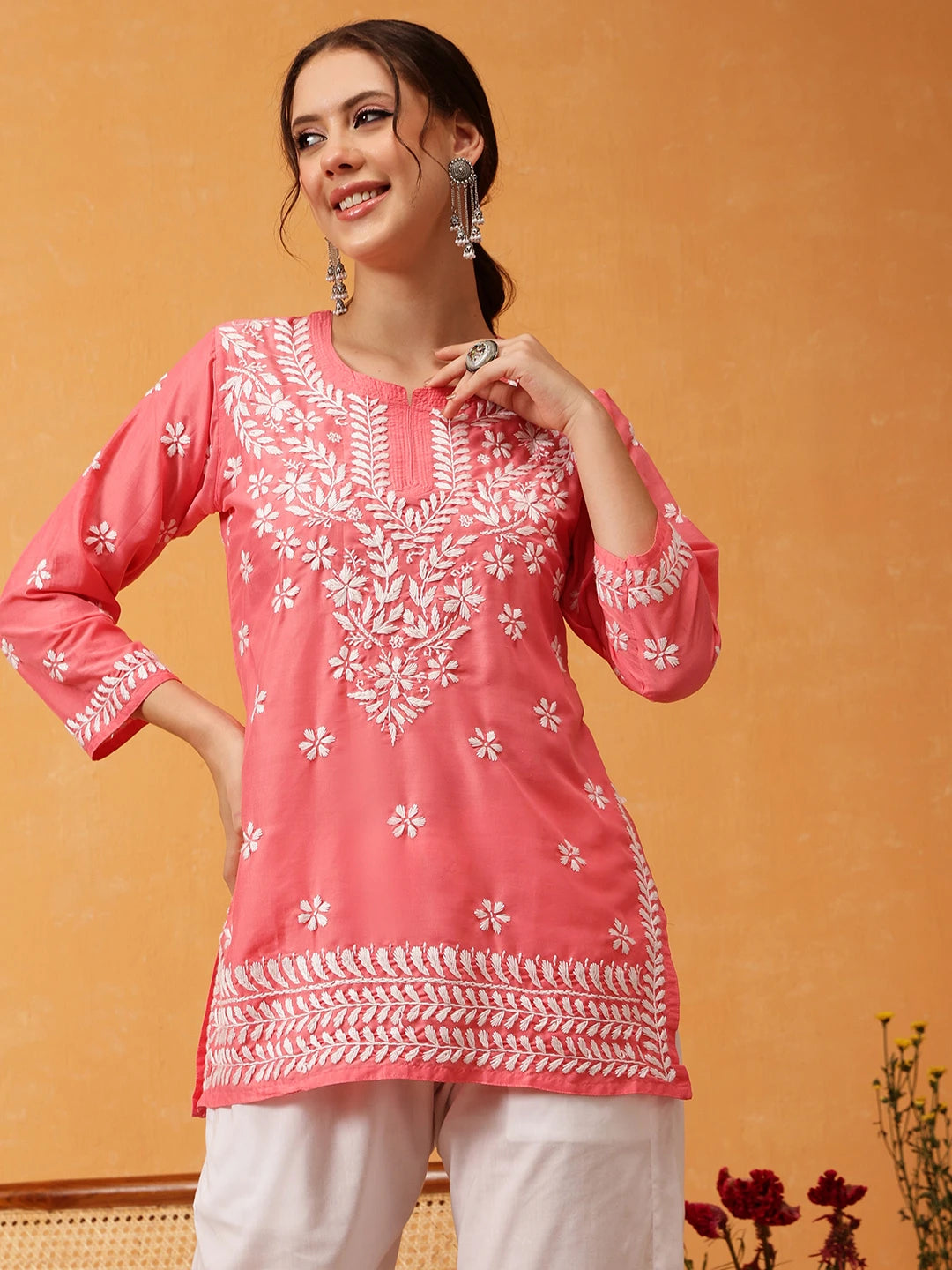 Ada Hand Embroidered Carrot Pink Muslin Lucknowi Chikankari Short Kurti A911428