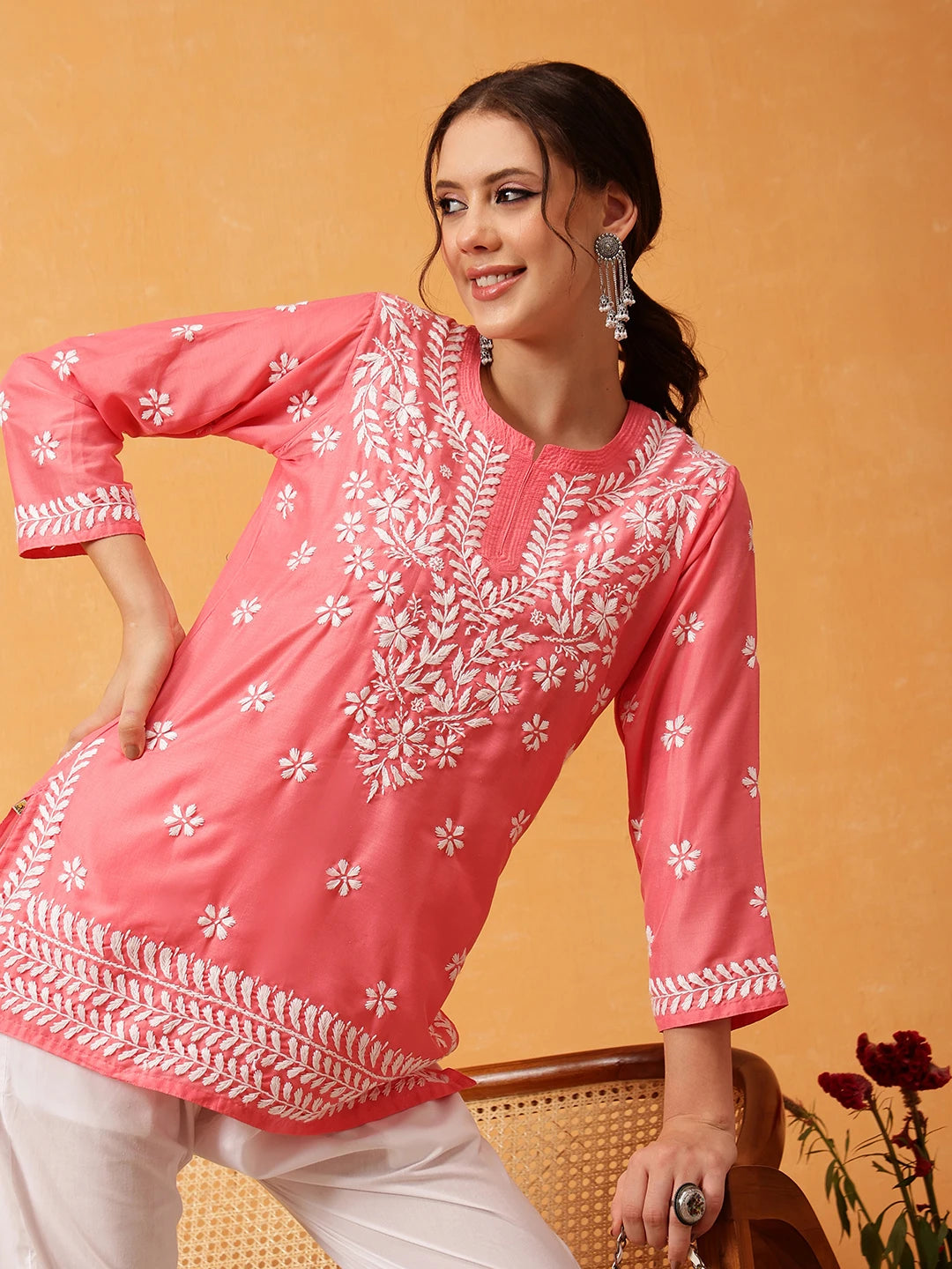 Ada Hand Embroidered Carrot Pink Muslin Lucknowi Chikankari Short Kurti A911428