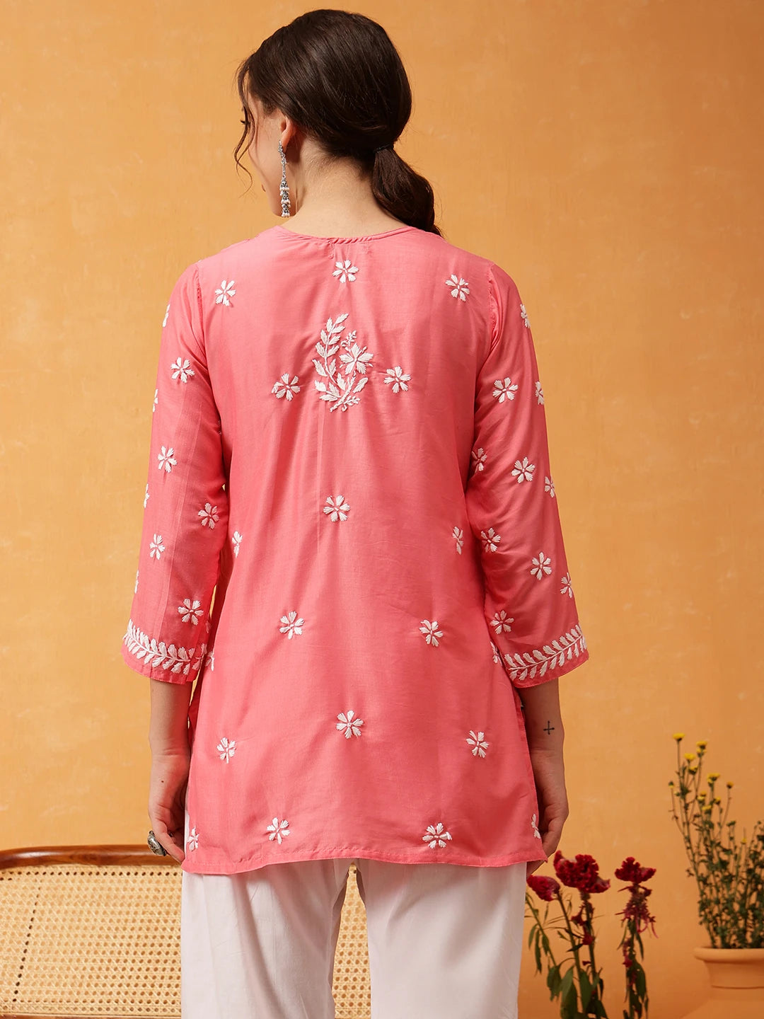 Ada Hand Embroidered Carrot Pink Muslin Lucknowi Chikankari Short Kurti A911428