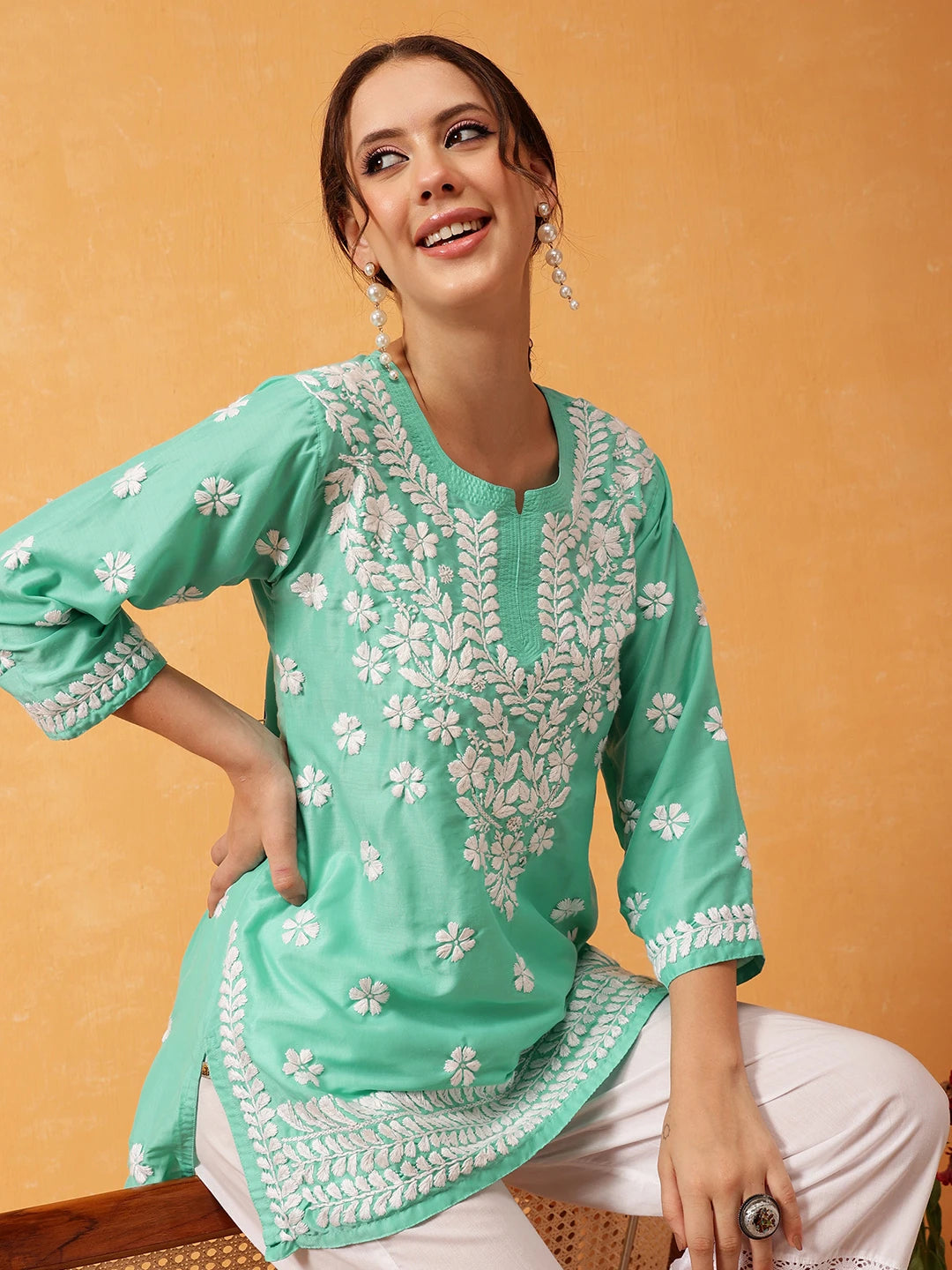 Ada Hand Embroidered Sea Green Muslin Lucknowi Chikankari Short Kurti A911421