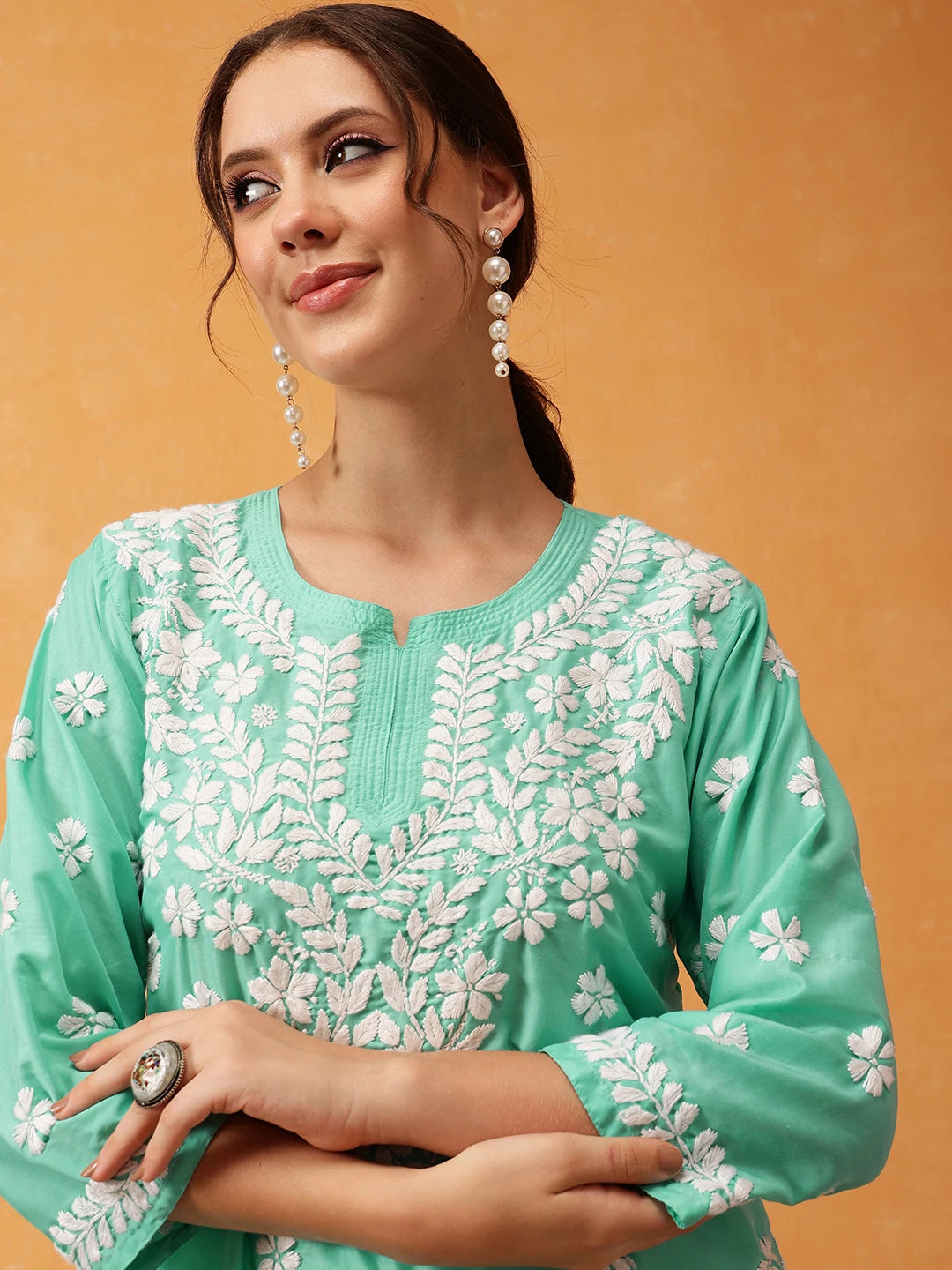 Ada Hand Embroidered Sea Green Muslin Lucknowi Chikankari Short Kurti A911421