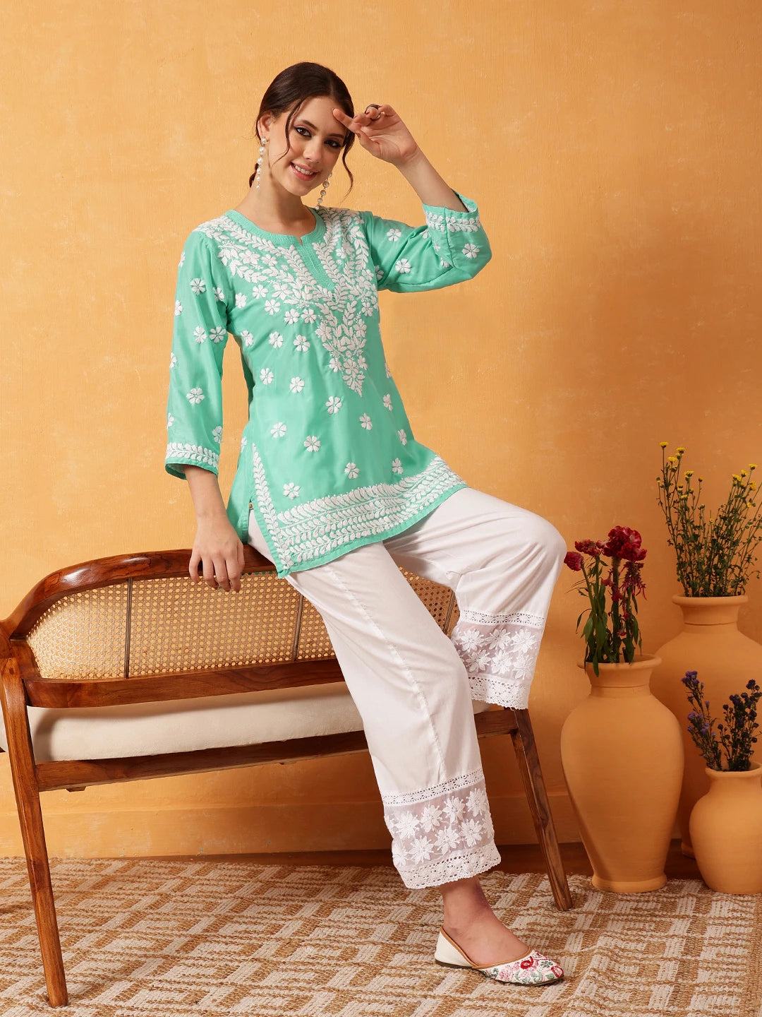 Ada Hand Embroidered Sea Green Muslin Lucknowi Chikankari Short Kurti A911421