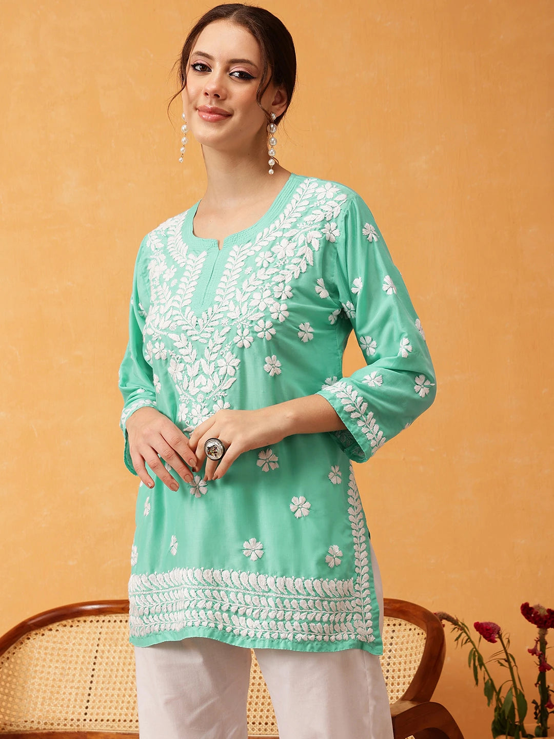 Ada Hand Embroidered Sea Green Muslin Lucknowi Chikankari Short Kurti A911421