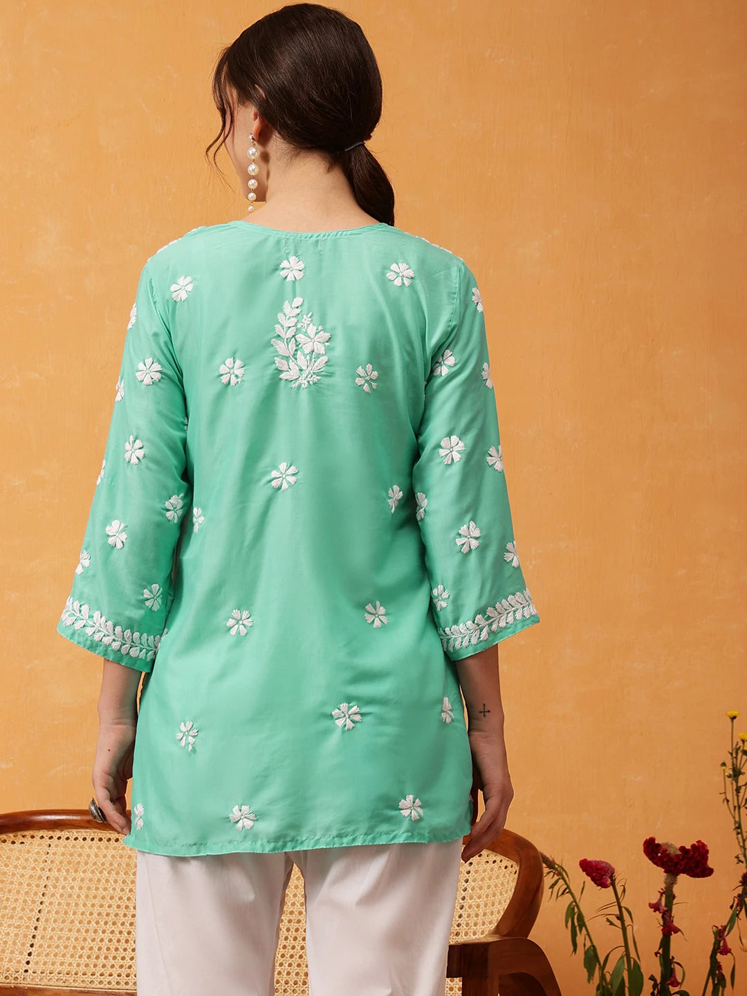 Ada Hand Embroidered Sea Green Muslin Lucknowi Chikankari Short Kurti A911421