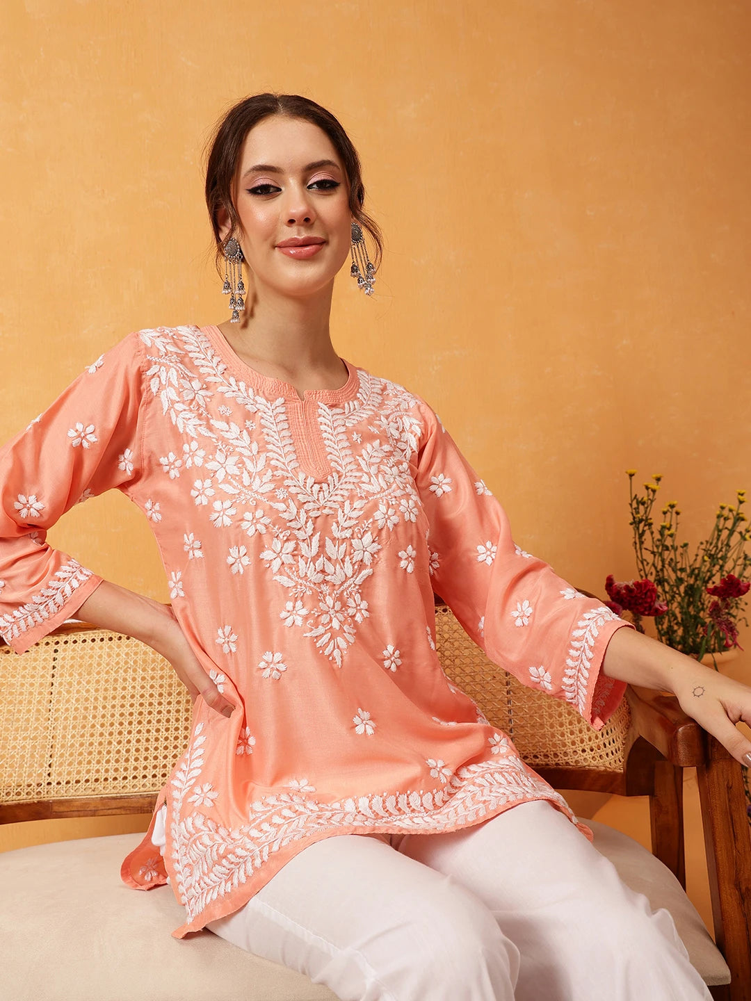 Ada Hand Embroidered Peach Muslin Lucknowi Chikankari Short Kurti A911426