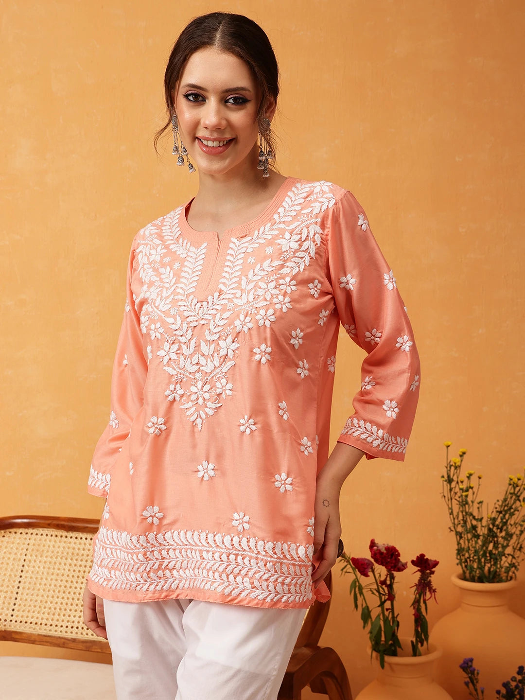 Ada Hand Embroidered Peach Muslin Lucknowi Chikankari Short Kurti A911426