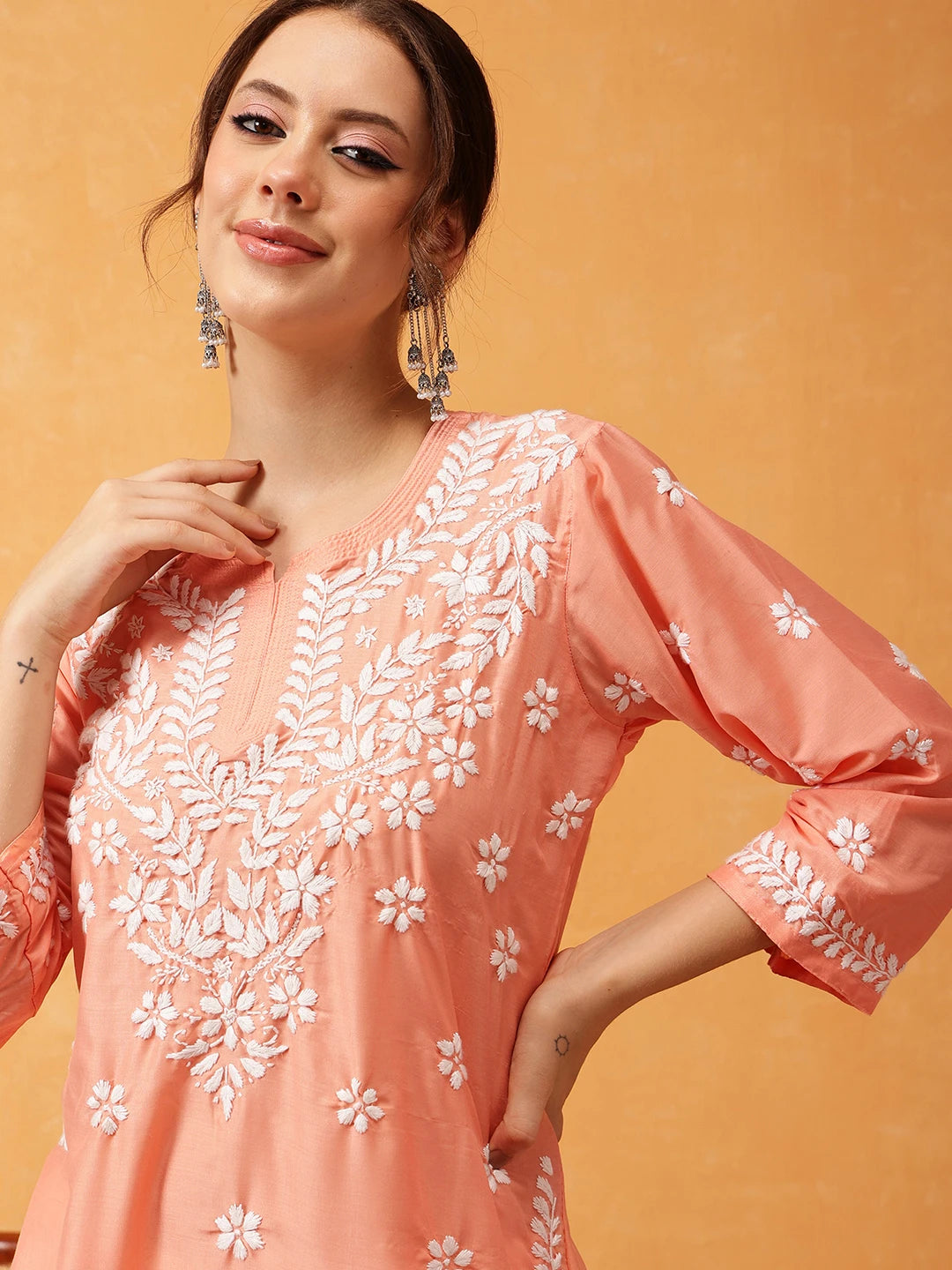 Ada Hand Embroidered Peach Muslin Lucknowi Chikankari Short Kurti A911426