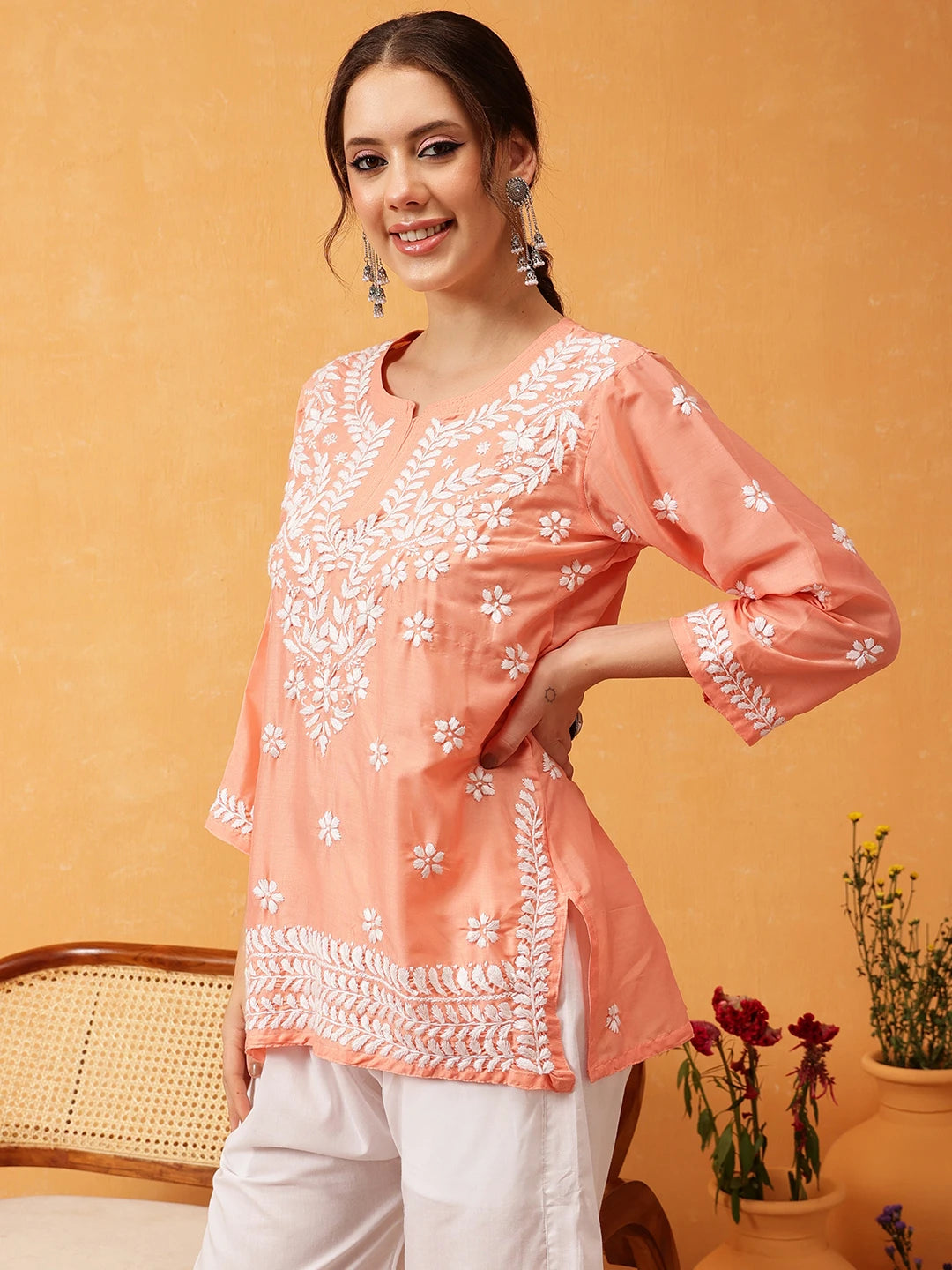 Ada Hand Embroidered Peach Muslin Lucknowi Chikankari Short Kurti A911426