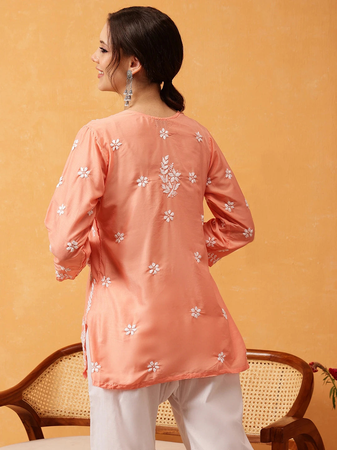 Ada Hand Embroidered Peach Muslin Lucknowi Chikankari Short Kurti A911426