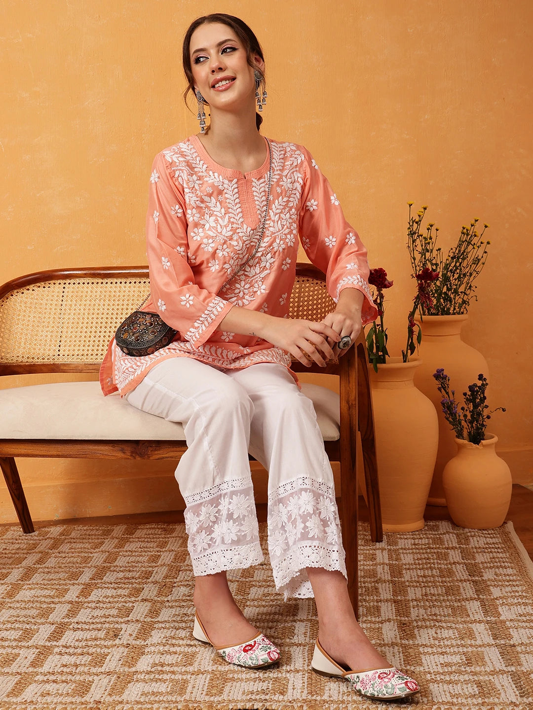 Ada Hand Embroidered Peach Muslin Lucknowi Chikankari Short Kurti A911426