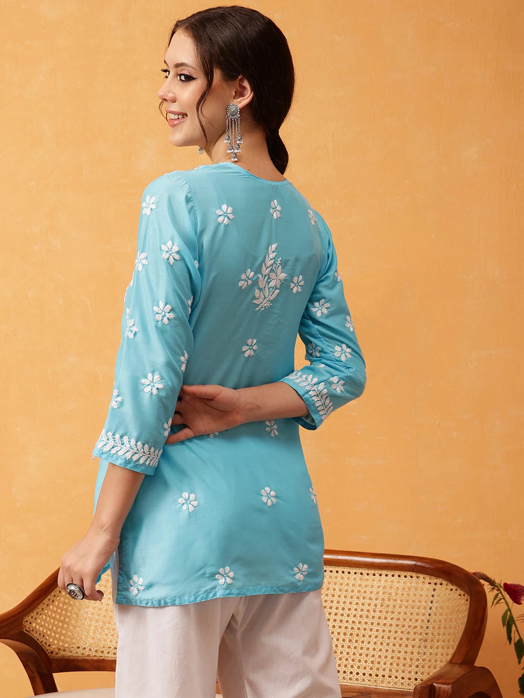 Ada Hand Embroidered Blue Muslin Lucknowi Chikankari Short Kurti A911424