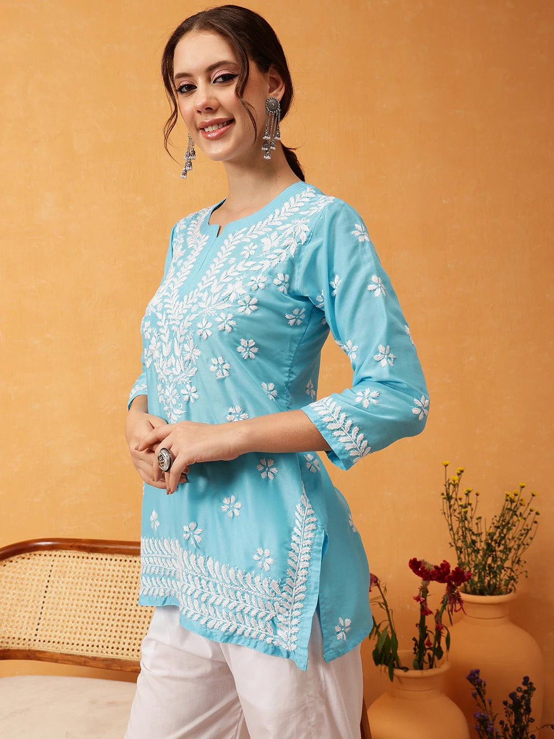 Ada Hand Embroidered Blue Muslin Lucknowi Chikankari Short Kurti A911424