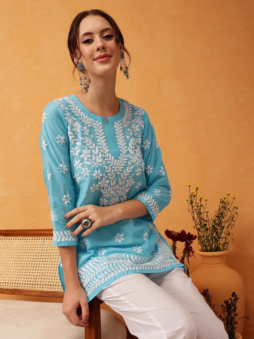Ada Hand Embroidered Blue Muslin Lucknowi Chikankari Short Kurti A911424