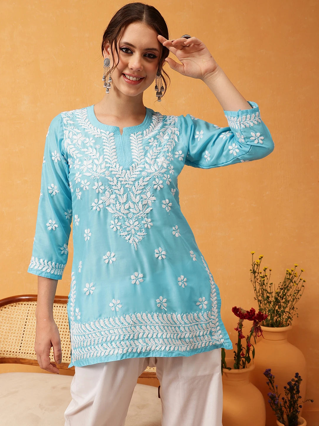 Ada Hand Embroidered Blue Muslin Lucknowi Chikankari Short Kurti A911424