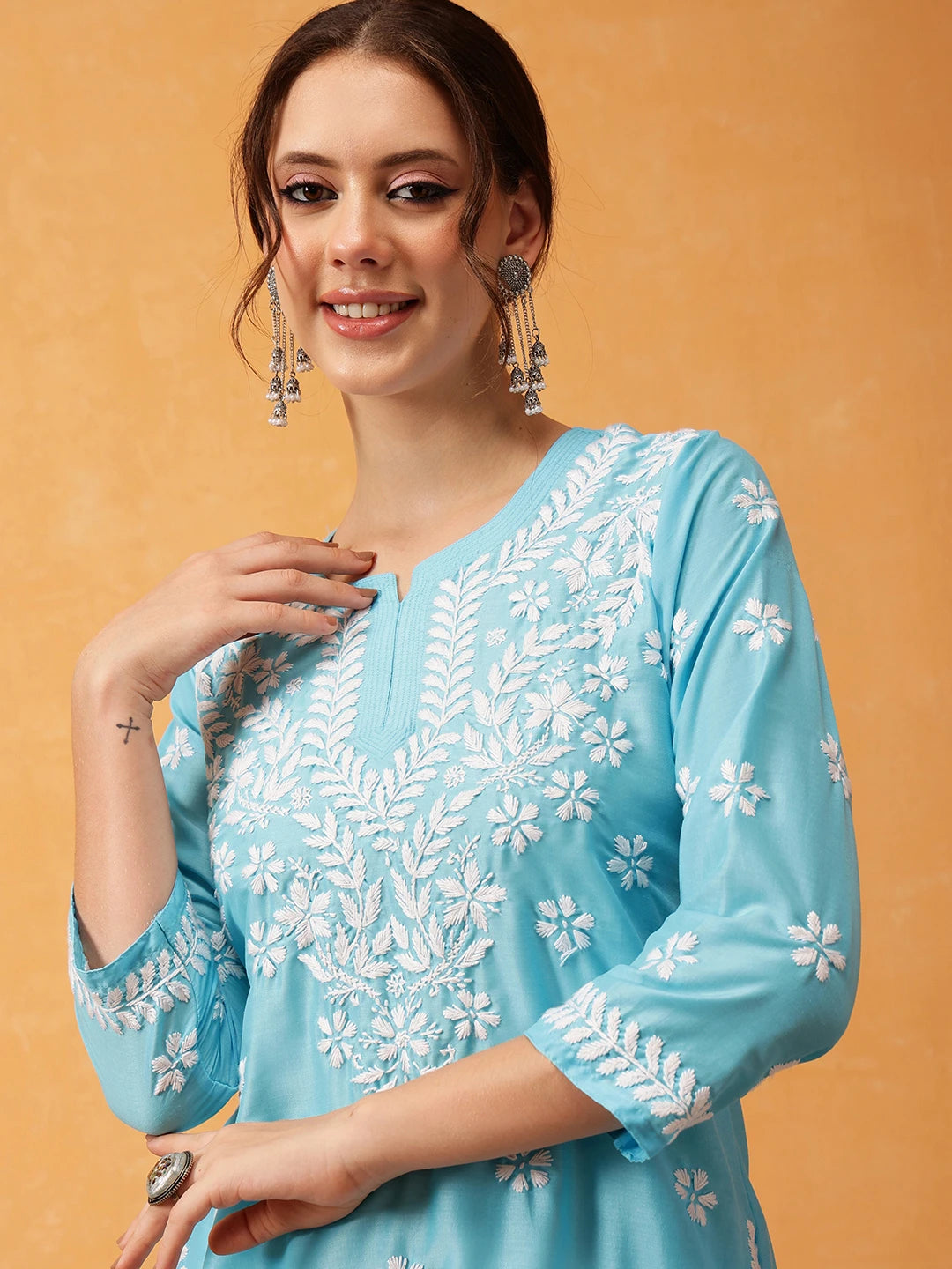 Ada Hand Embroidered Blue Muslin Lucknowi Chikankari Short Kurti A911424