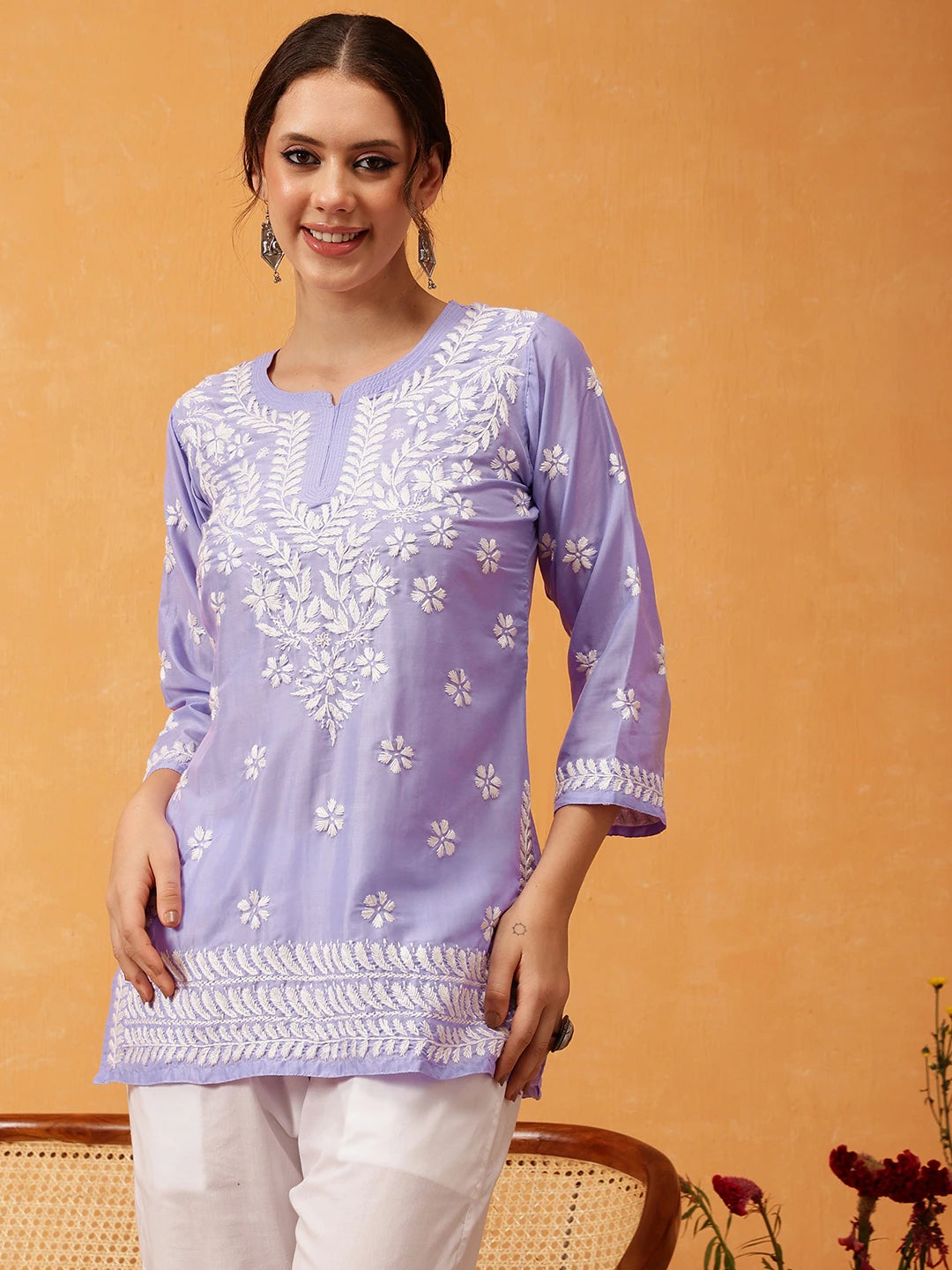 Ada Hand Embroidered Mauve Muslin Lucknowi Chikankari Short Kurti A911422