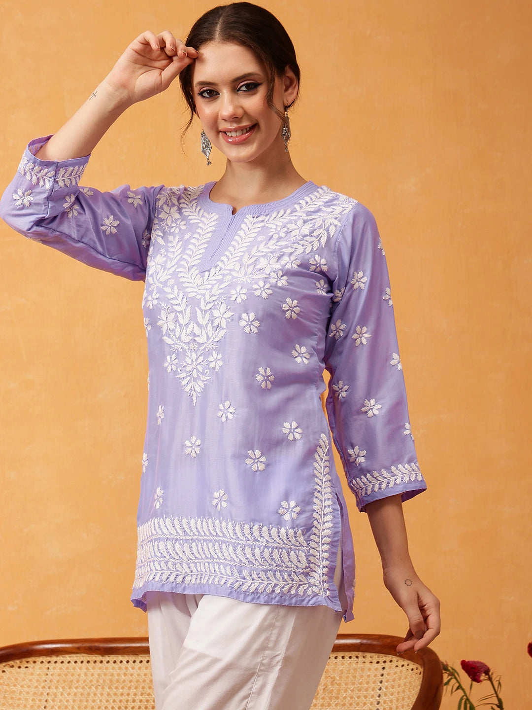 Ada Hand Embroidered Mauve Muslin Lucknowi Chikankari Short Kurti A911422