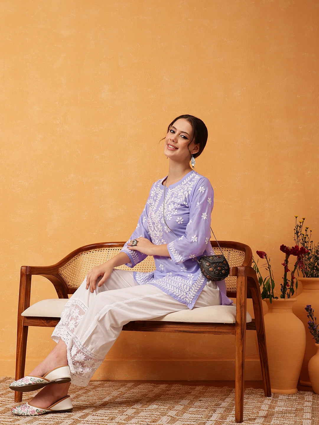 Ada Hand Embroidered Mauve Muslin Lucknowi Chikankari Short Kurti A911422