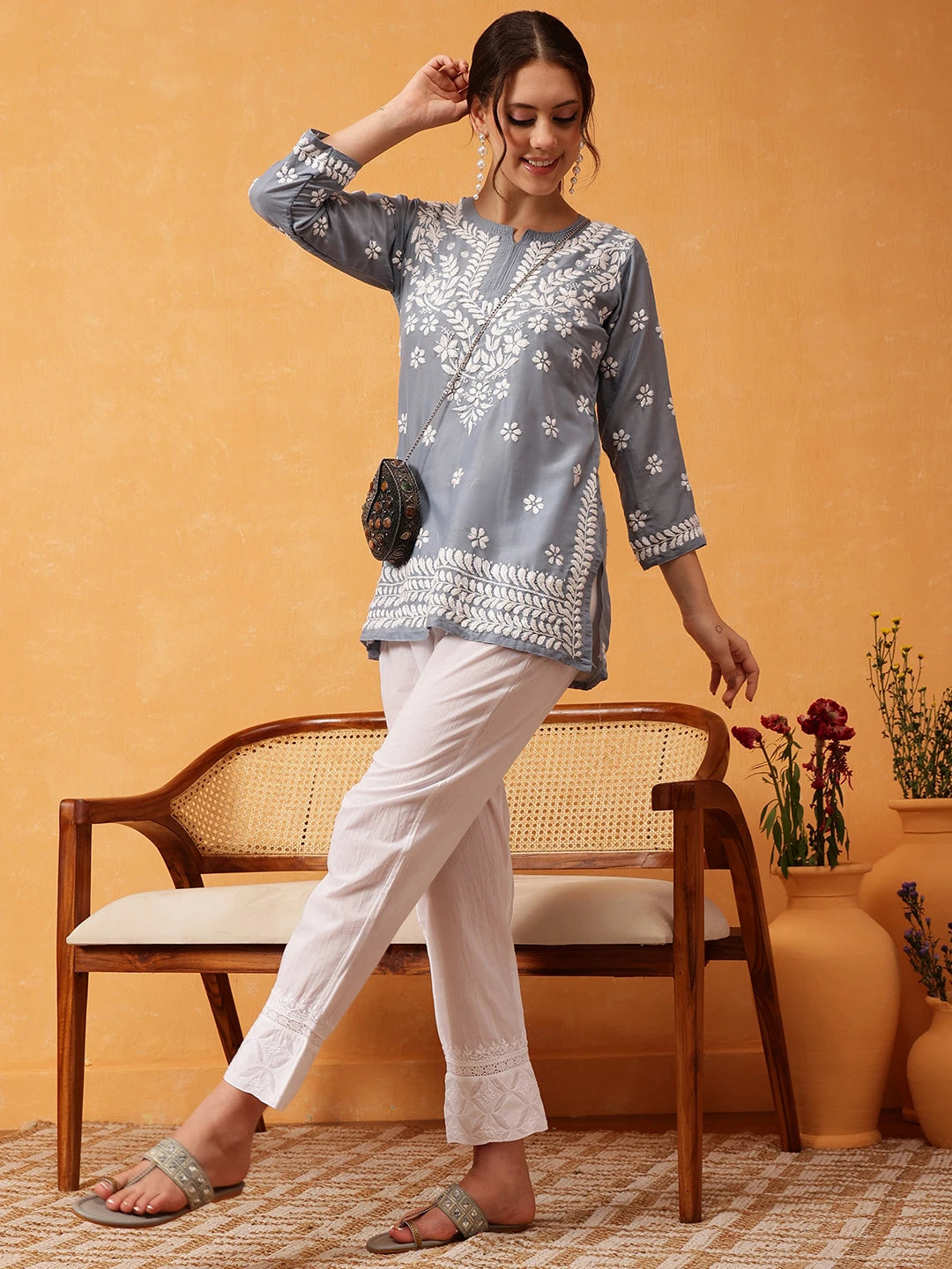 Ada Hand Embroidered White Cotton Lucknowi Chikankari Trouser A711186